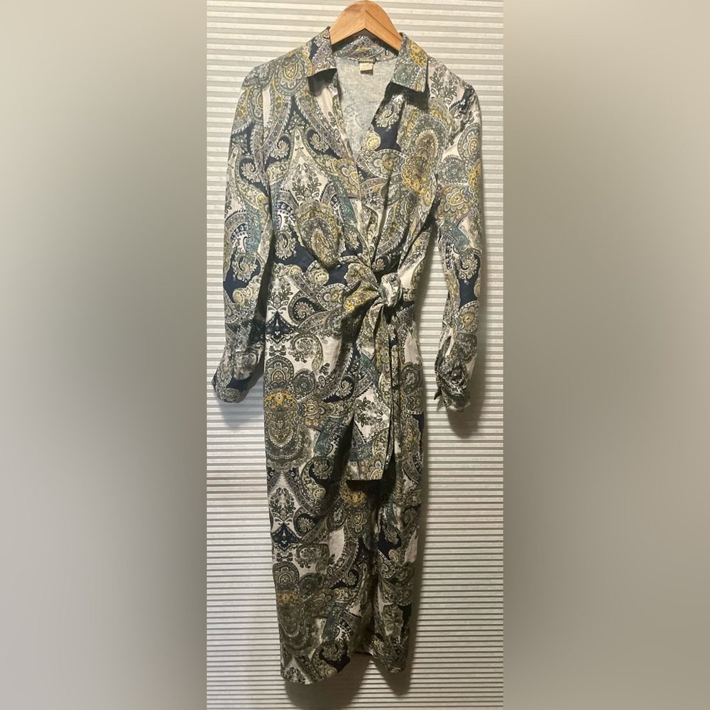 MAGASCHONI Oceanic Paisley 100% Linen Wrap Maxi Party Dress Size 6 Long Sleeve - Picture 12 of 13